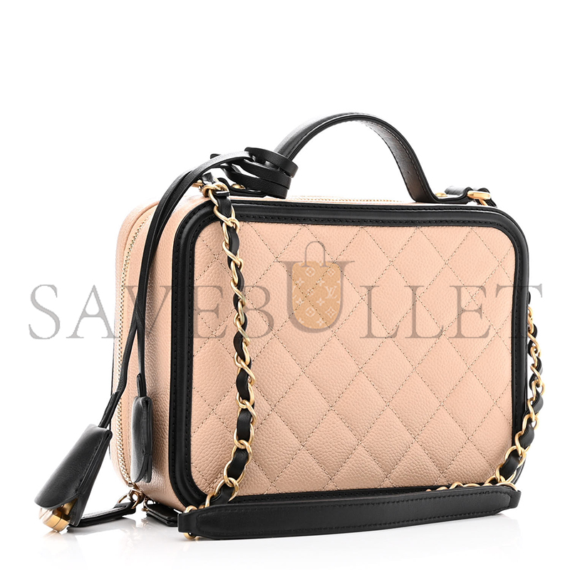 CHANEL CAVIAR QUILTED MEDIUM CC FILIGREE VANITY CASE BEIGE BLACK (20*15*8cm)